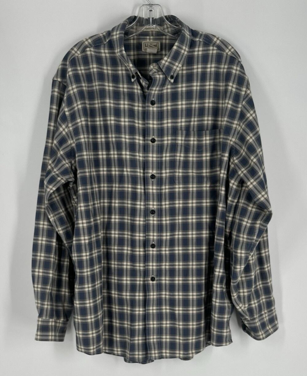 LL Bean Scotch Plaid Shirt Mens XL Blue Tan Button Down 253770 Preppy Career EUC